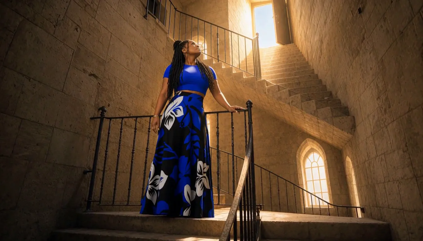 Higher — Soulé Soul on a stone stairway in royal blue, looking up into golden light